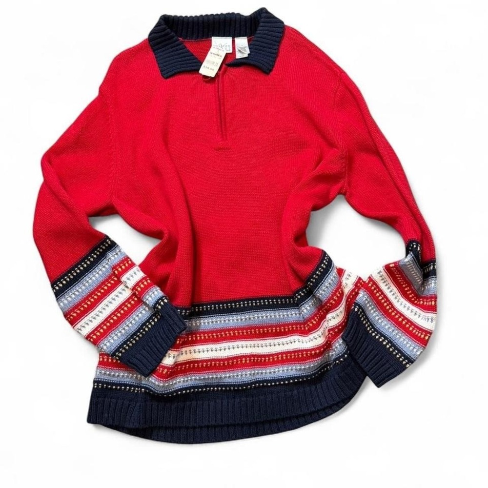 Vintage Red and Navy 1/4‎ Zip Sweater with Stripes